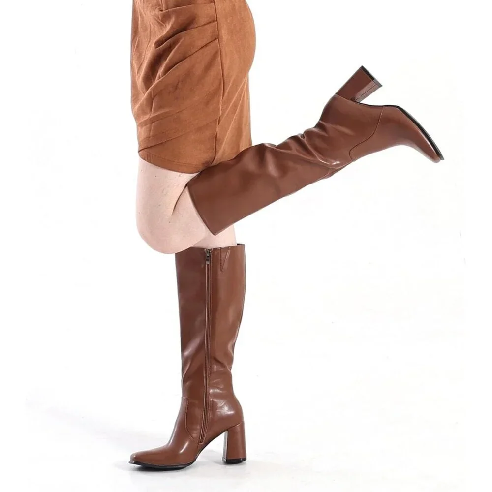 Women's Light Brown 3.35-inch Square Toe Knee High Boots Chunky Block Heel Tall